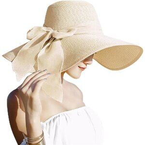 Womens 5.5 Inches Big Bowknot Straw Hat Large Floppy Foldable Roll up Beach Cap